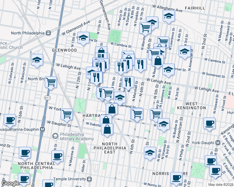 map of restaurants, bars, coffee shops, grocery stores, and more near 2614 North 8th Street in Philadelphia