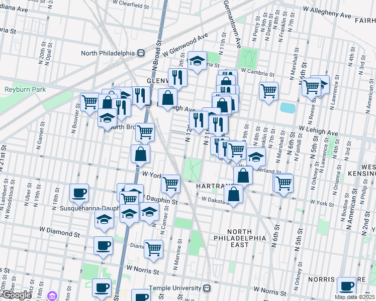 map of restaurants, bars, coffee shops, grocery stores, and more near 2536 North 12th Street in Philadelphia