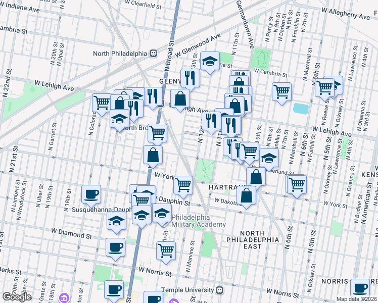 map of restaurants, bars, coffee shops, grocery stores, and more near 2536 North 12th Street in Philadelphia