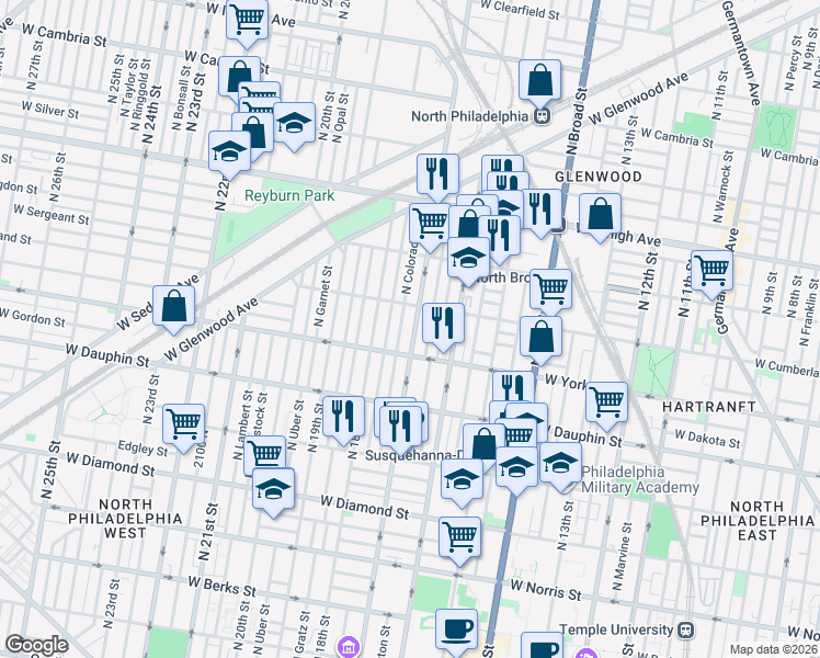 map of restaurants, bars, coffee shops, grocery stores, and more near 2471 North Colorado Street in Philadelphia