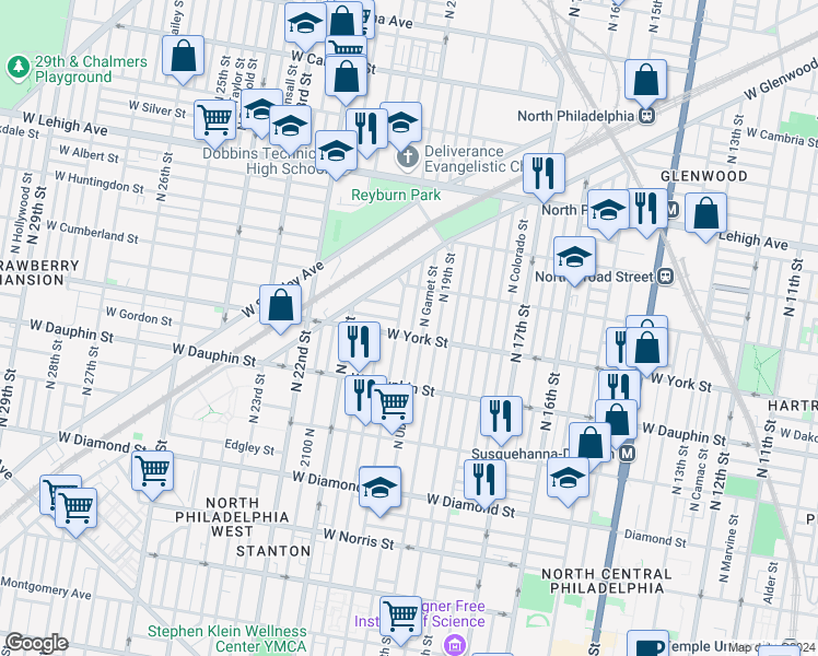 map of restaurants, bars, coffee shops, grocery stores, and more near 2408 North Opal Street in Philadelphia