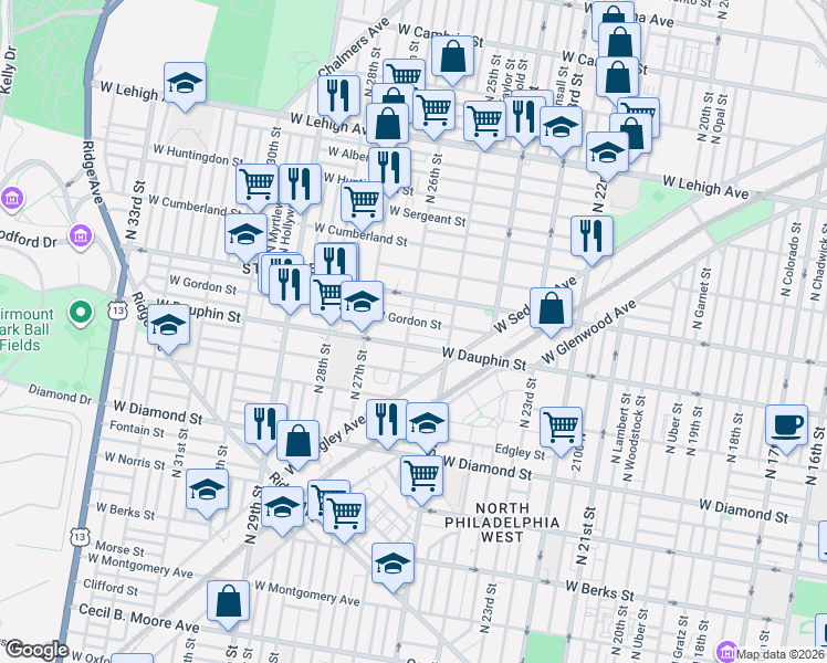 map of restaurants, bars, coffee shops, grocery stores, and more near 2614 West Arizona Street in Philadelphia