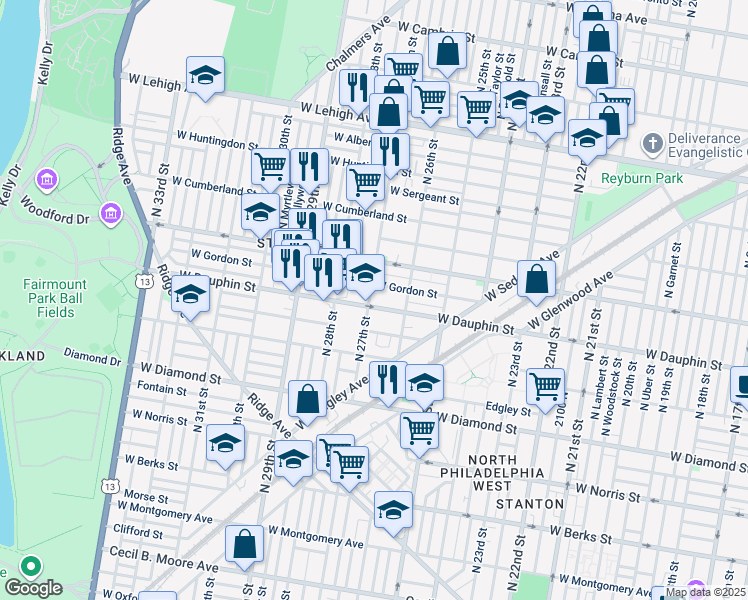 map of restaurants, bars, coffee shops, grocery stores, and more near 2307 North 27th Street in Philadelphia