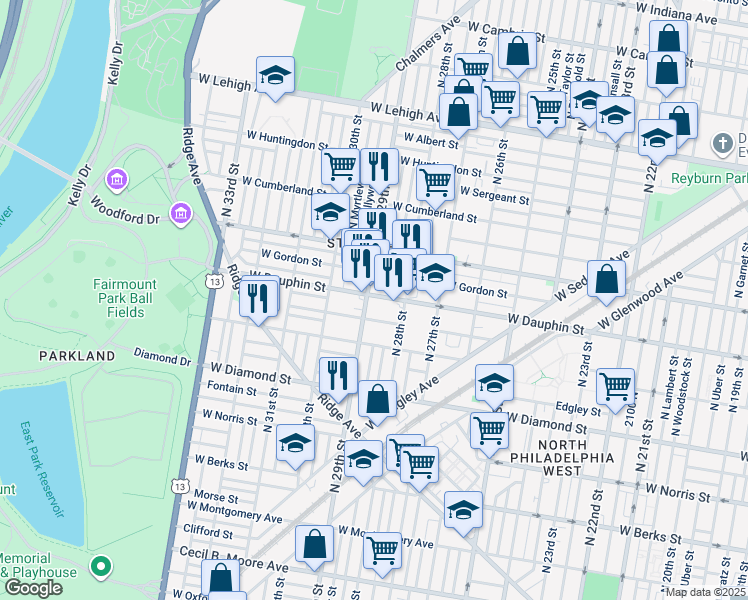 map of restaurants, bars, coffee shops, grocery stores, and more near 2318 North 29th Street in Philadelphia