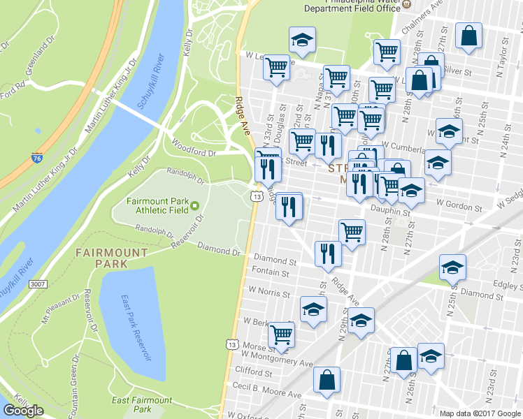 map of restaurants, bars, coffee shops, grocery stores, and more near in Philadelphia