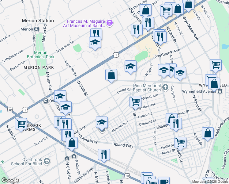 map of restaurants, bars, coffee shops, grocery stores, and more near 5700 Drexel Road in Philadelphia