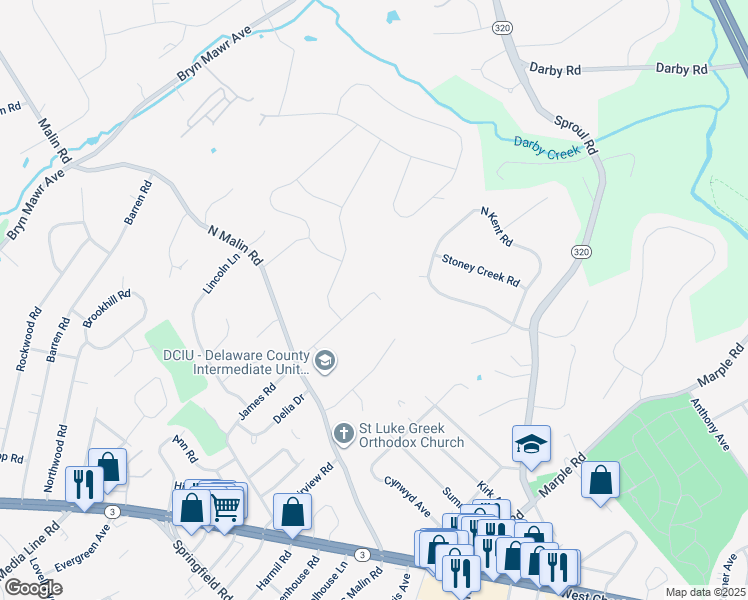 map of restaurants, bars, coffee shops, grocery stores, and more near 209 James Road in Broomall