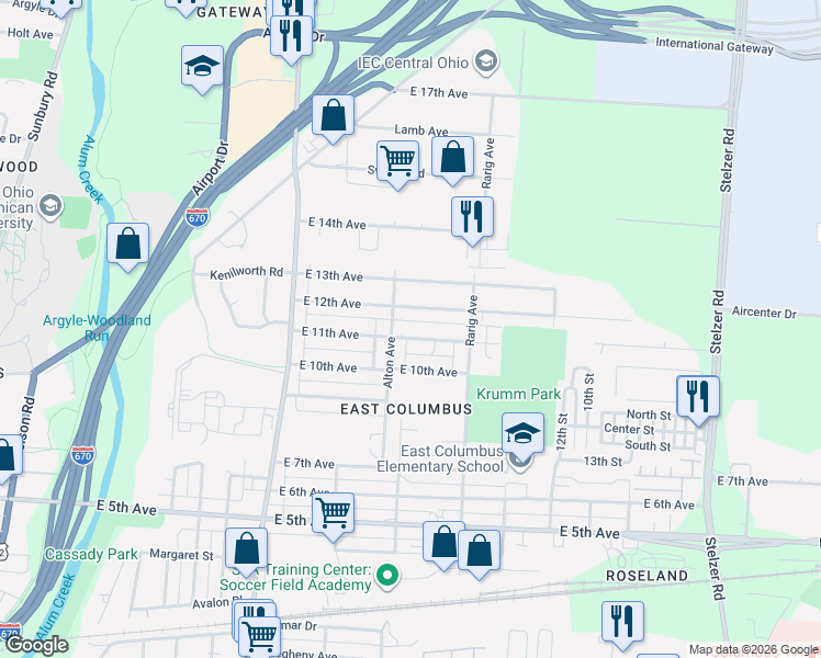 map of restaurants, bars, coffee shops, grocery stores, and more near 2960 East 12th Avenue in Columbus