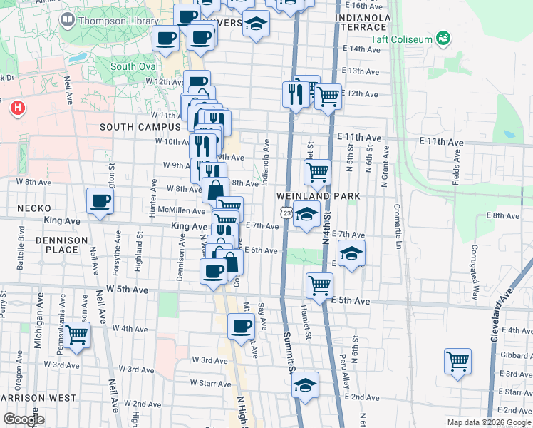 map of restaurants, bars, coffee shops, grocery stores, and more near 1393 Peters Alley in Columbus