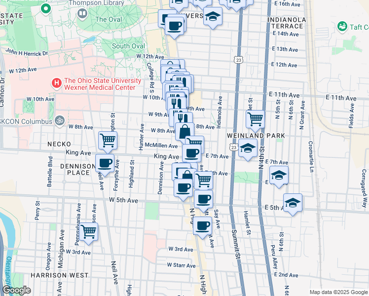 map of restaurants, bars, coffee shops, grocery stores, and more near 24 Euclid Avenue in Columbus