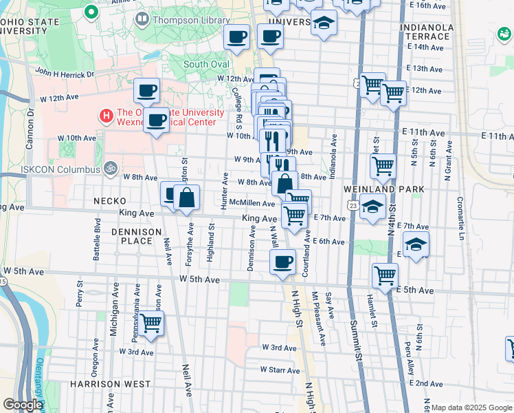 map of restaurants, bars, coffee shops, grocery stores, and more near 80 McMillen Avenue in Columbus