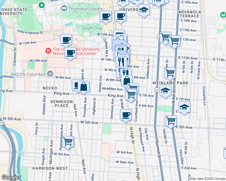 map of restaurants, bars, coffee shops, grocery stores, and more near 80 McMillen Avenue in Columbus