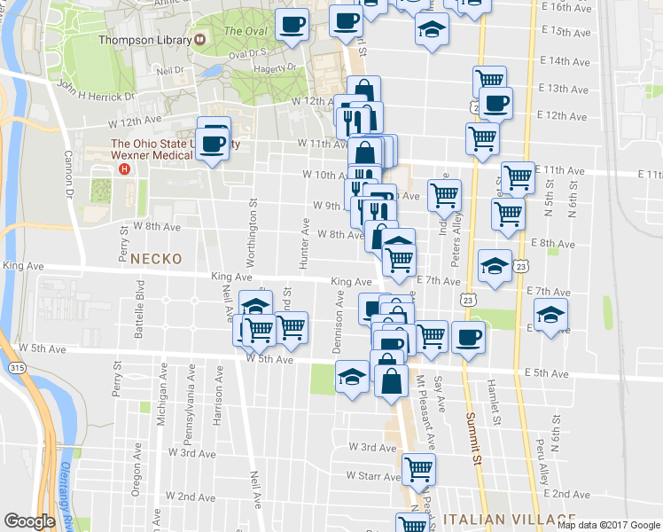 map of restaurants, bars, coffee shops, grocery stores, and more near 80 McMillen Avenue in Columbus
