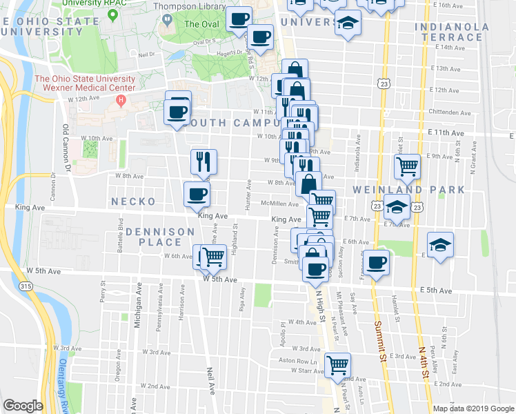 map of restaurants, bars, coffee shops, grocery stores, and more near 80 McMillen Avenue in Columbus