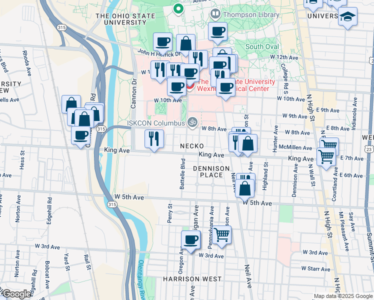 map of restaurants, bars, coffee shops, grocery stores, and more near 1498 Belmont Avenue in Columbus