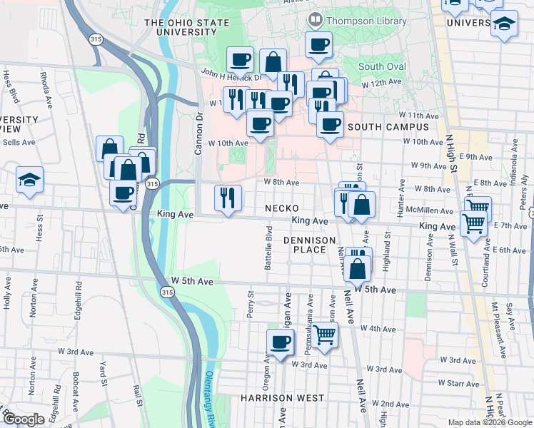 map of restaurants, bars, coffee shops, grocery stores, and more near 1498 Belmont Avenue in Columbus