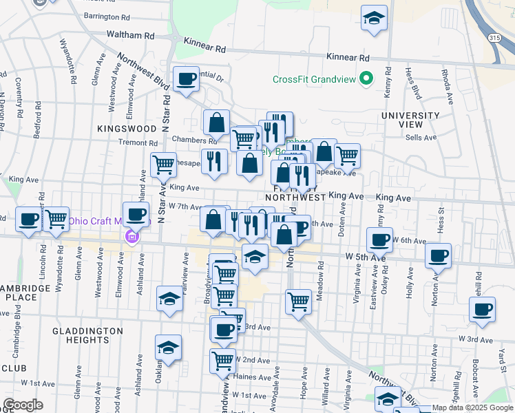 map of restaurants, bars, coffee shops, grocery stores, and more near 1351 King Avenue in Columbus