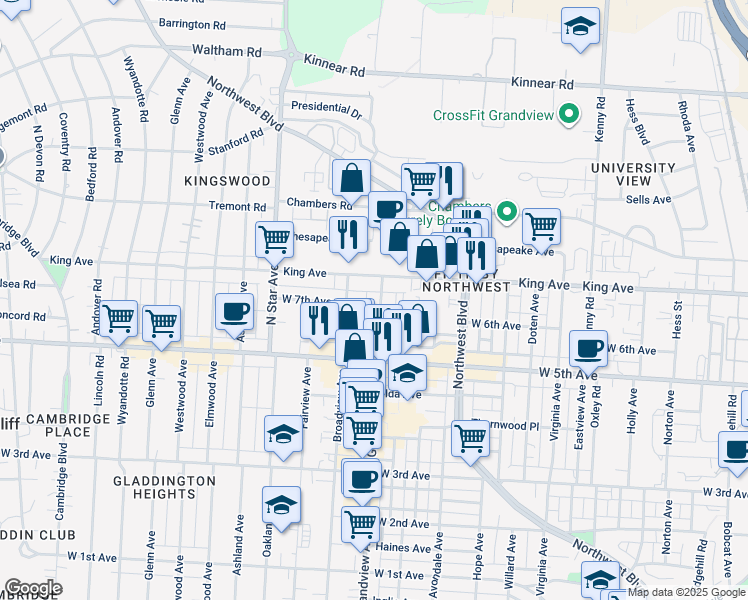 map of restaurants, bars, coffee shops, grocery stores, and more near 1635 Grandview Avenue in Columbus
