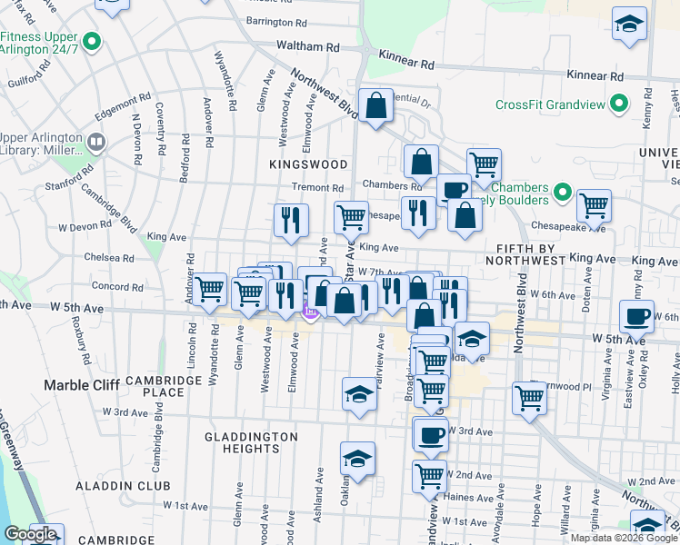map of restaurants, bars, coffee shops, grocery stores, and more near 1577 King Avenue in Columbus