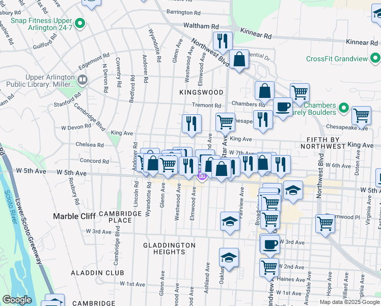 map of restaurants, bars, coffee shops, grocery stores, and more near 1671 King Avenue in Columbus