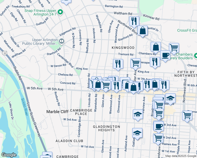 map of restaurants, bars, coffee shops, grocery stores, and more near 1708 Wyandotte Road in Columbus