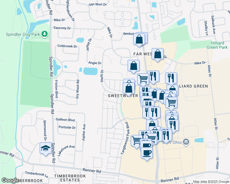 map of restaurants, bars, coffee shops, grocery stores, and more near 2032 Burbridge Lane in Hilliard