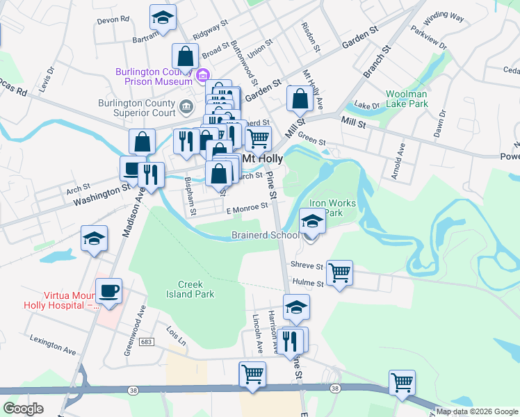 map of restaurants, bars, coffee shops, grocery stores, and more near 58 East Monroe Street in Mount Holly