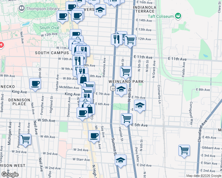 map of restaurants, bars, coffee shops, grocery stores, and more near 1371 Summit Street in Columbus