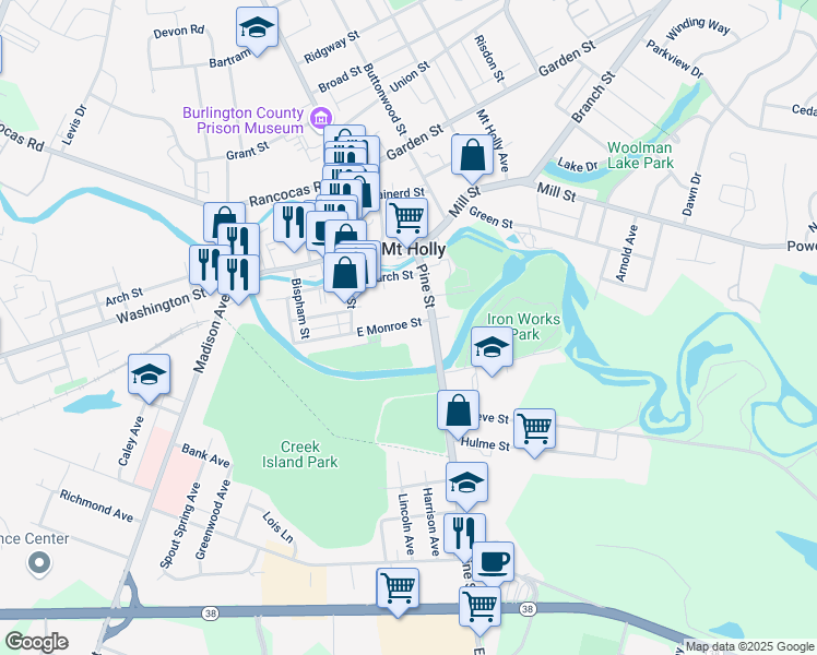 map of restaurants, bars, coffee shops, grocery stores, and more near 58 East Monroe Street in Mount Holly