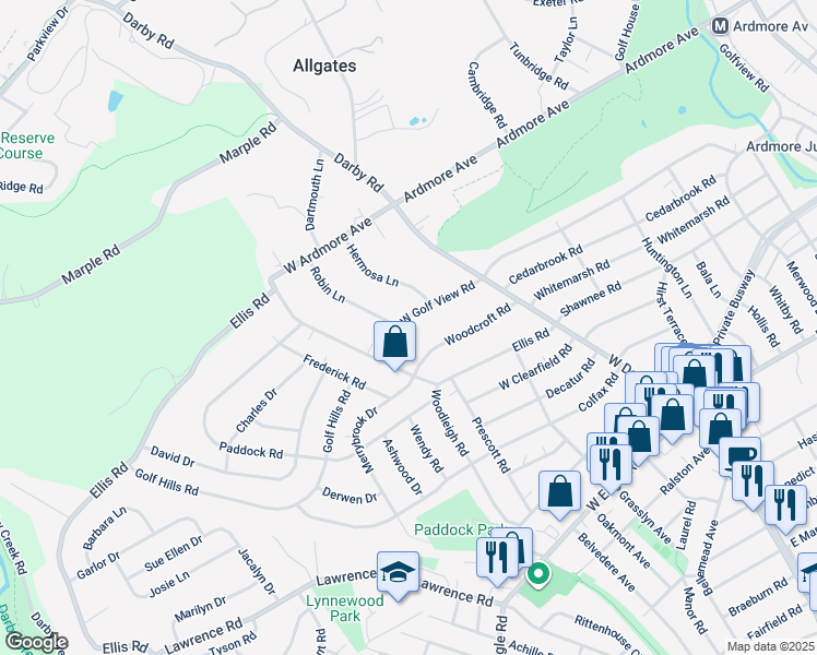 map of restaurants, bars, coffee shops, grocery stores, and more near 37 West Golf View Road in Havertown