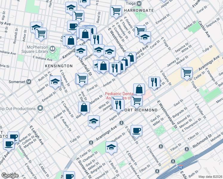 map of restaurants, bars, coffee shops, grocery stores, and more near 2083 East Lippincott Street in Philadelphia