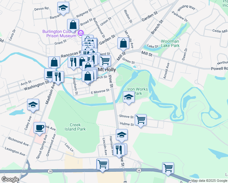 map of restaurants, bars, coffee shops, grocery stores, and more near 49 Pine Street in Mount Holly