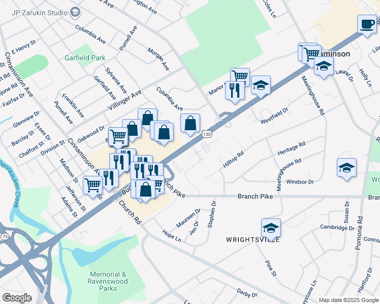 map of restaurants, bars, coffee shops, grocery stores, and more near 131 Siena Drive in Cinnaminson