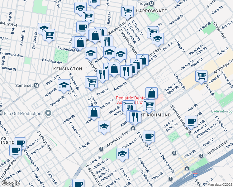 map of restaurants, bars, coffee shops, grocery stores, and more near 2118 East Clementine Street in Philadelphia
