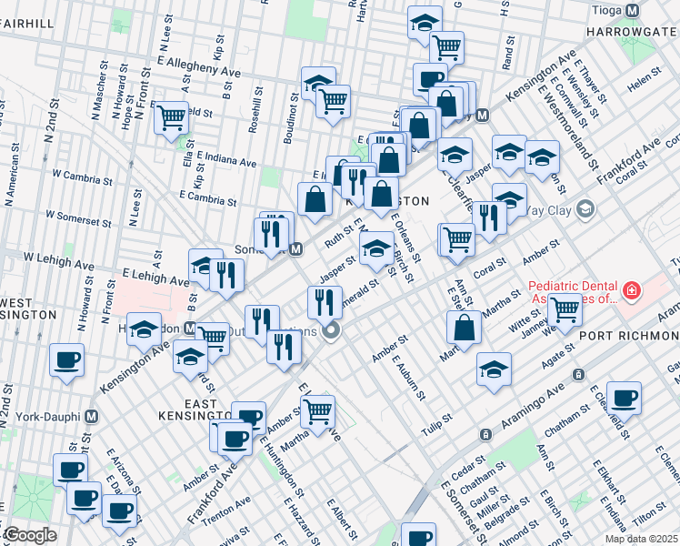 map of restaurants, bars, coffee shops, grocery stores, and more near 2847 Jasper Street in Philadelphia