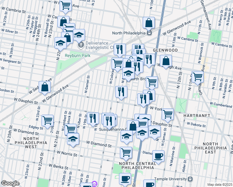 map of restaurants, bars, coffee shops, grocery stores, and more near 2442 North Chadwick Street in Philadelphia