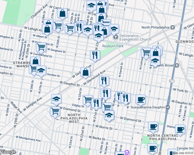 map of restaurants, bars, coffee shops, grocery stores, and more near 2366 North Van Pelt Street in Philadelphia