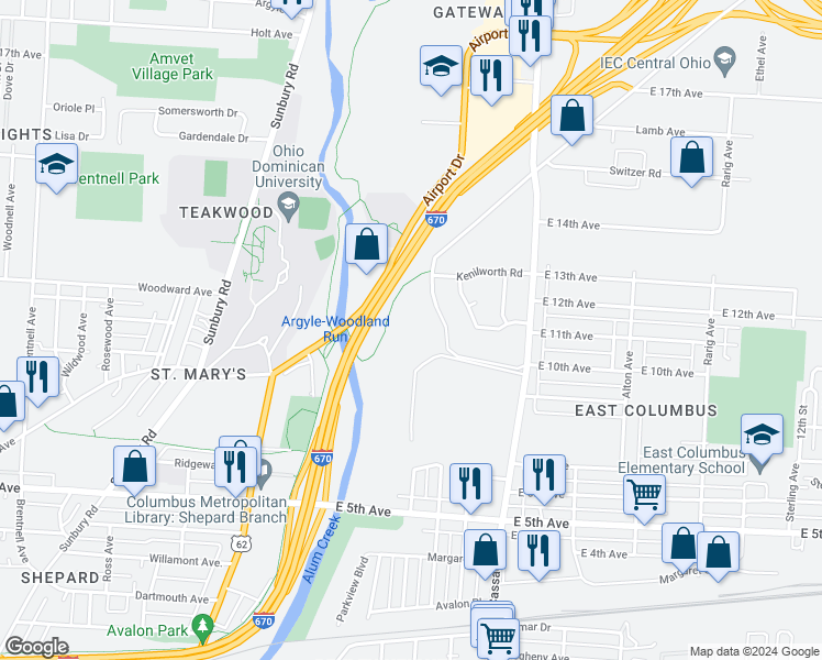 map of restaurants, bars, coffee shops, grocery stores, and more near 1001 Parkview Boulevard in Columbus