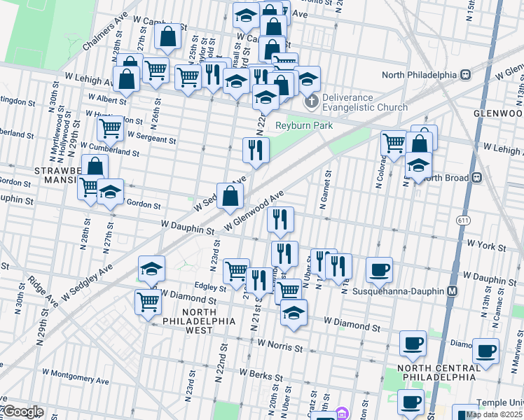 map of restaurants, bars, coffee shops, grocery stores, and more near 2366 North Van Pelt Street in Philadelphia