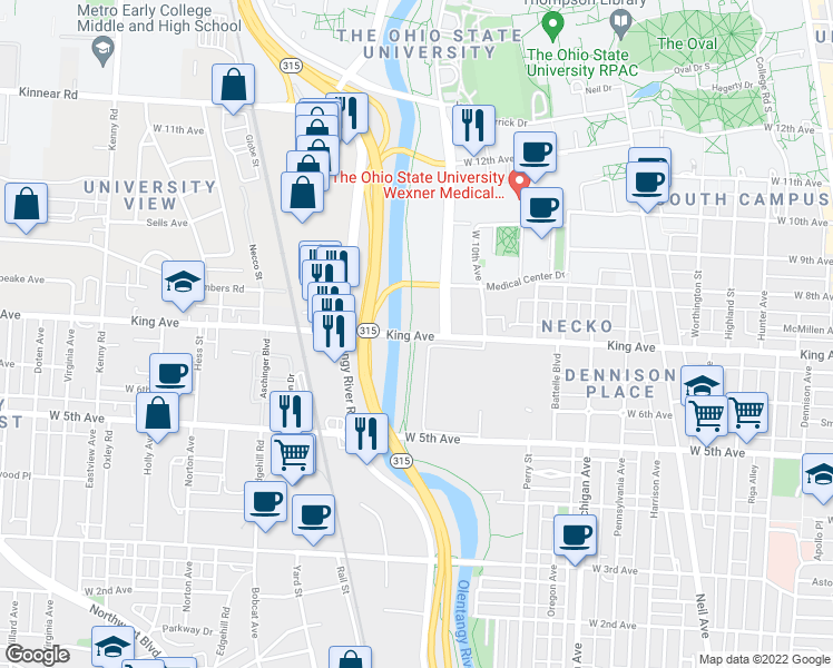 map of restaurants, bars, coffee shops, grocery stores, and more near Olentangy Trail in Columbus