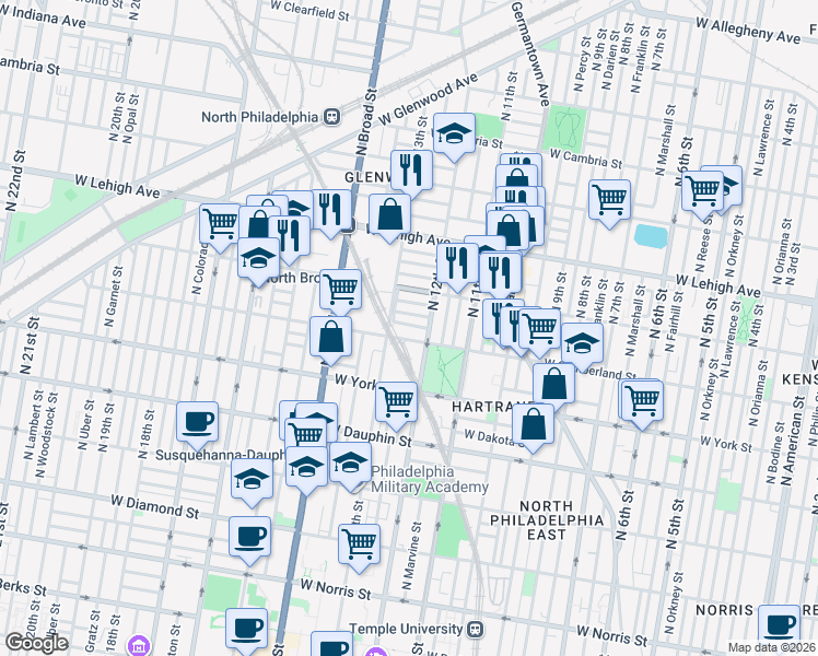 map of restaurants, bars, coffee shops, grocery stores, and more near 2536 North 12th Street in Philadelphia