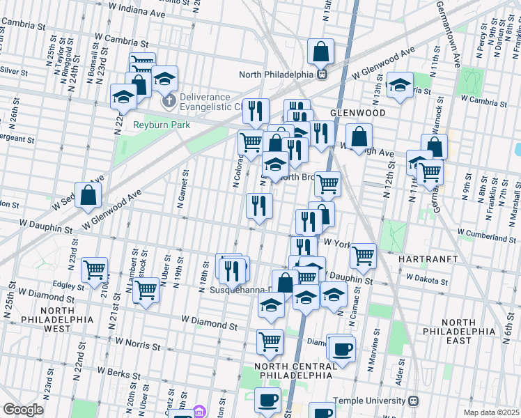 map of restaurants, bars, coffee shops, grocery stores, and more near 2437 North Bancroft Street in Philadelphia