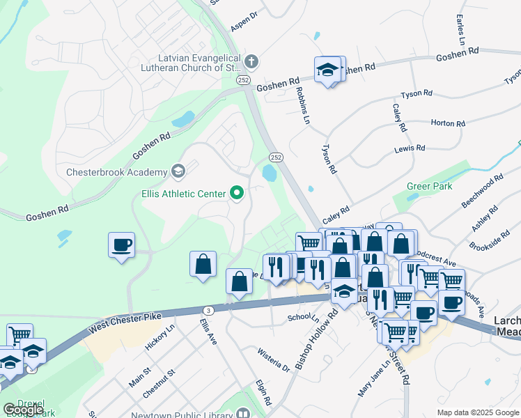 map of restaurants, bars, coffee shops, grocery stores, and more near 300 Charles Ellis Lane in Newtown Square