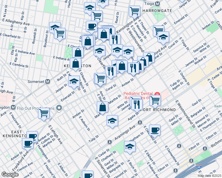map of restaurants, bars, coffee shops, grocery stores, and more near 3047 Coral Street in Philadelphia