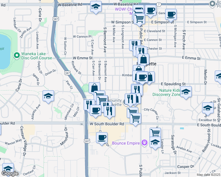 map of restaurants, bars, coffee shops, grocery stores, and more near 710 South Miller Avenue in Lafayette