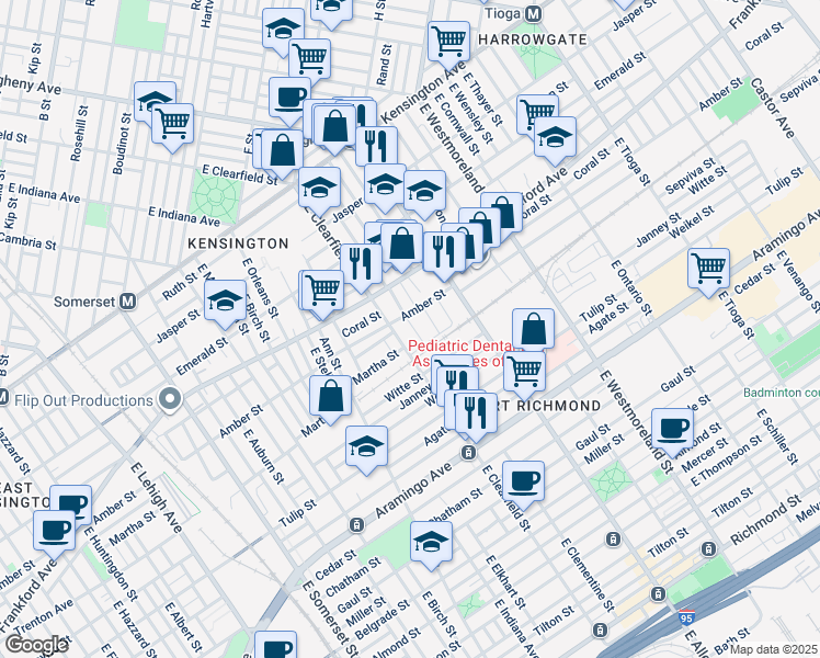map of restaurants, bars, coffee shops, grocery stores, and more near 2118 East Clementine Street in Philadelphia