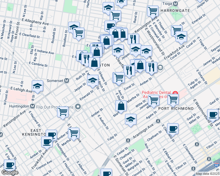 map of restaurants, bars, coffee shops, grocery stores, and more near 2035 East Orleans Street in Philadelphia