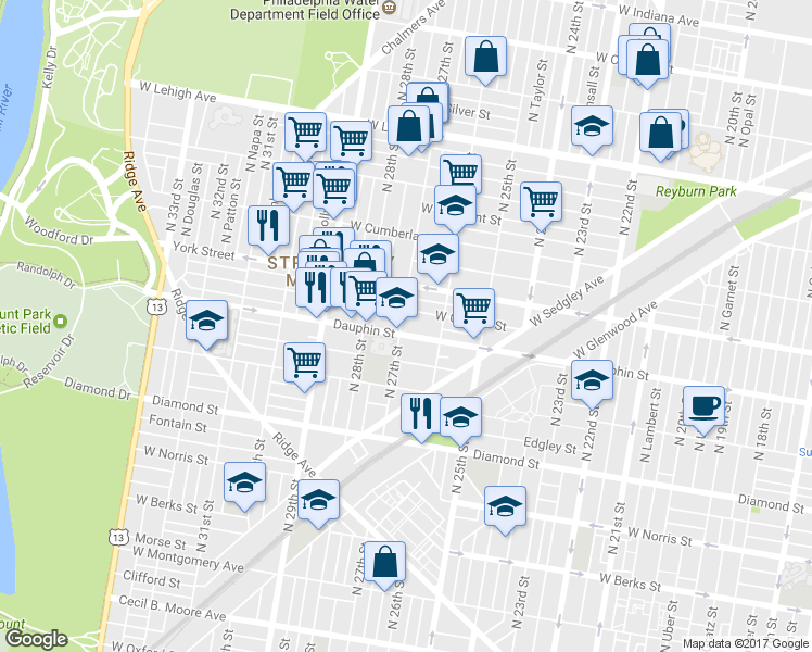 map of restaurants, bars, coffee shops, grocery stores, and more near 2309 North 27th Street in Philadelphia
