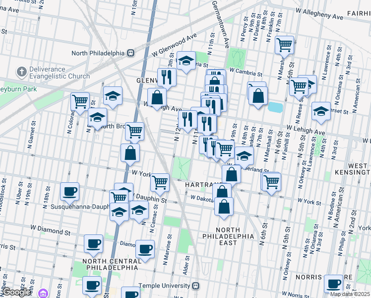 map of restaurants, bars, coffee shops, grocery stores, and more near 2526 North Jessup Street in Philadelphia