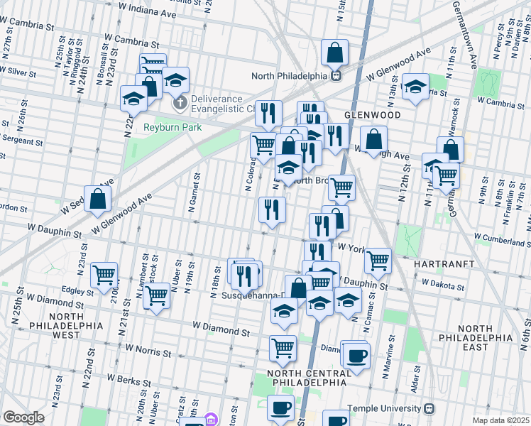 map of restaurants, bars, coffee shops, grocery stores, and more near 2445 North Chadwick Street in Philadelphia